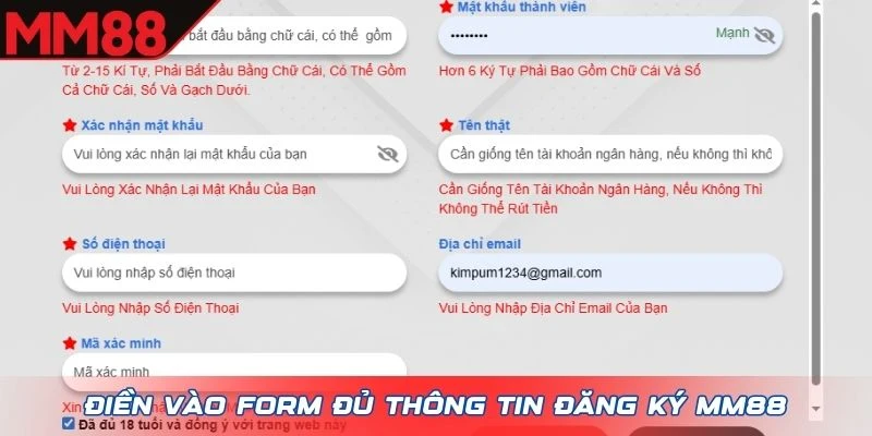 Điền vào form đủ thông tin đăng ký MM88