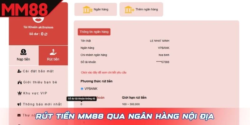 Rút tiền MM88 qua ngân hàng nội địa